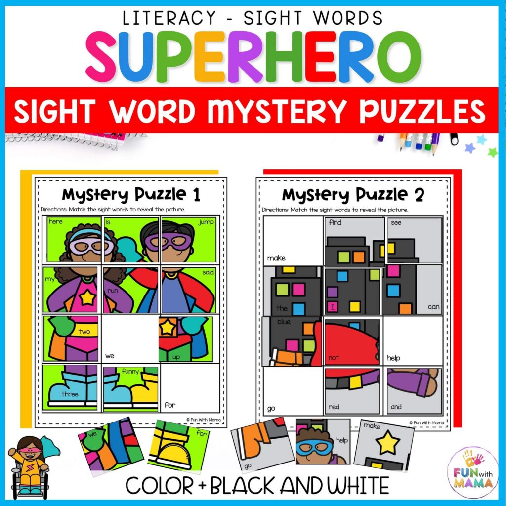 Superhero Sight Word Mystery Puzzles