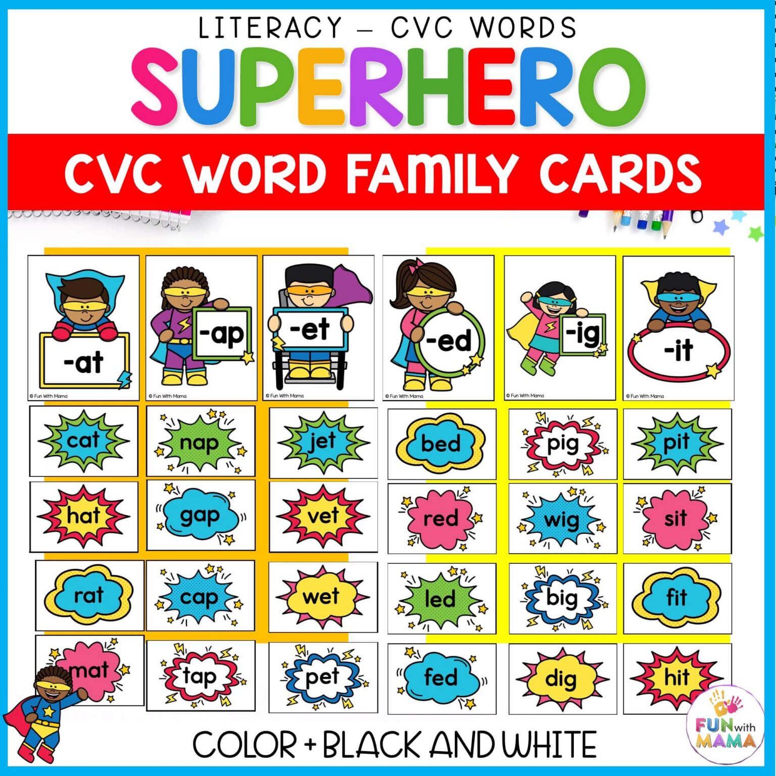 Superhero CVC Word Family Cards